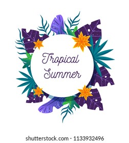 colored tropical leaves and flowers, flat style, vector illustration, banner isolated on white background, vector