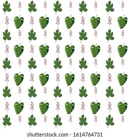 Colored tropical leaves seamless pattern on white background. Monstera leaf and fig leaf with red Elderberry branch