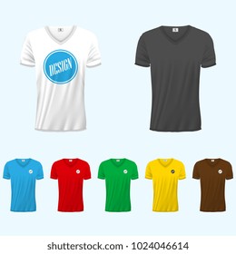 Colored T-shirts for men. Mockup. Realistic vector illustration