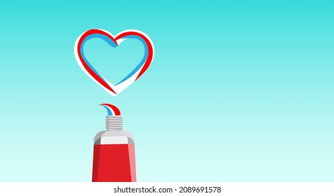 Colored tube of toothpaste with squeezed striped, multi-colored, toothpaste for dental care in the shape of a heart on a blue gradient background. Copy space. Vector illustration