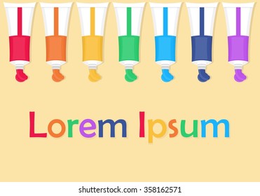 Colored tubes of paint. Set of seven colored tubes. Red, orange, yellow, green, blue and purple colors. Vector illustration