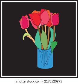 Jarrón de tulipán de color sobre un fondo oscuro