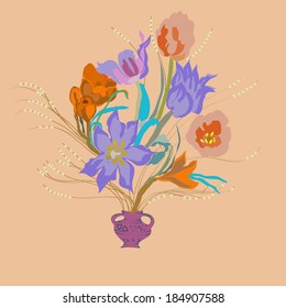 Colored  tulips and  orange crocuses in a vase. Light ocher background, spring.