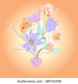 Colored  tulips and  orange crocuses in a vase. Light gradient  background, spring.Handmade.