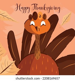 Colored turkey surrounded by autumn leaves Happy thanksgiving day poster Vector