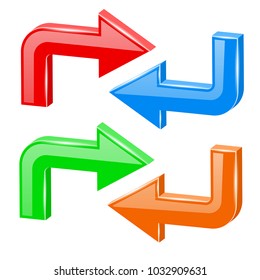 Colored turning arrows. Web 3d shiny icons. Vector illustration isolated on white background