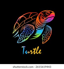 colored turtle on black background. hand drawing. Not AI, Vector illustration.