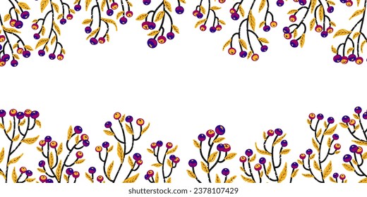 Colored twigs with berries, shabby vintage texture, cartoon style. Frame, card, postcard, background, etc. Vector