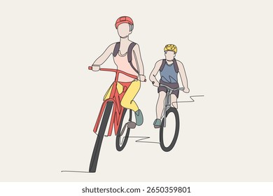 Duas pessoas de cor estão viajando de bicicleta. Biking tours conceito desenho de uma linha