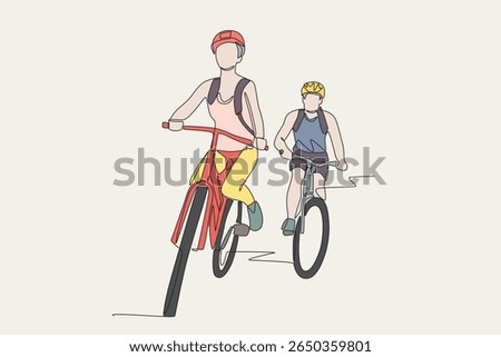 Colored two people are touring by bicycle. Biking tours concept one-line drawing