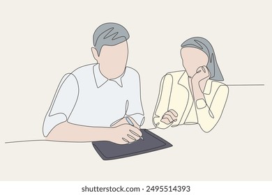 Coloreado dos empleados serios discutiendo informe de trabajo. Concepto de informe de negocios - dibujo de una línea