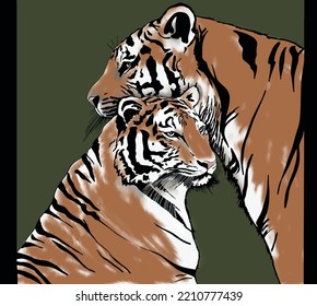 colored two tigers head to head with green background