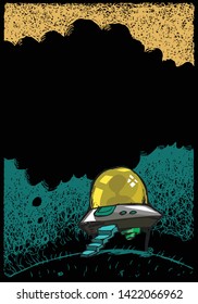 Colored UFO with stairs cartoon sketch with frame made of smoke. Editable Clip Art. 