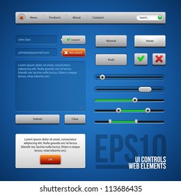 Colored UI Controls Web Elements, Blue, Gray, Red, Green: Buttons, Comments, Sliders, Message Box