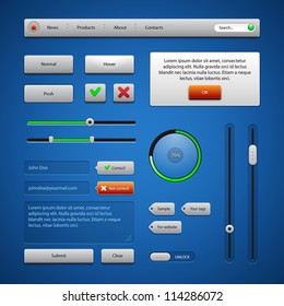 Colored UI Controls Web Elements, Blue, Gray, Red, Green 2: Navigation Bar, Buttons, Comments, Sliders, Message Box, Preloader, Loader, Tag Labels, Unlock