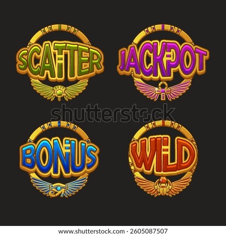 Colored UI symbols set-WILD,Jackpot, Bonus and Scatter for casino or slots games. Golden icons for game asset