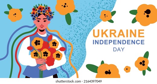 Colored ukraine composition with ukraine independence day and woman with a wreath of flowers and a bouquet of flowers in her hands vector illustration