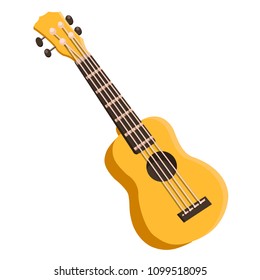 Colored ukulele. Yellow, green, pigeon, orange, pink, blue colored instrument, decor with flowers. Music instrument. Rest, hawaii, melody. Modern vector flat image isolated on white background.