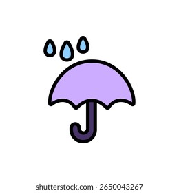 Guarda-chuva e gota coloridos em estilo de contorno. Ideal para gráficos de estação chuvosa, IU de previsão e conteúdo educacional infantil.