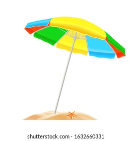 Colored umbrella in the sand on the beach, sun protection, element for design, vector.