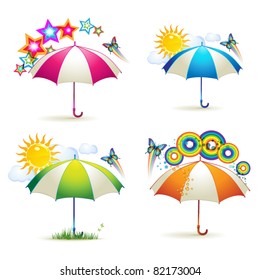 Colored umbrellas with stars, circles, sun and  butterflies over white background