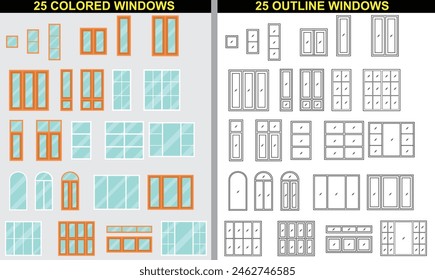 Las ventanas coloreadas y sin color establecen iconos. 25 ventanas de colores y 25 contornos de ventanas. adecuado para su diseño de casa