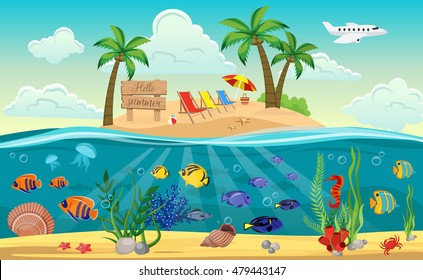 Colored underwater world island composition with sandy beach sun beds and ocean around vector illustration
