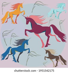 Unicornios de colores y hierba de plumas