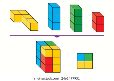 Colored unit cubes. Rectangular prism. Lego and cube objects. Mathematics, Geometry, Physics, exam, question.