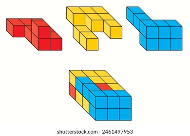 Colored unit cubes. Rectangular prism. Lego and cube objects. Mathematics, Geometry, Physics, exam, question.