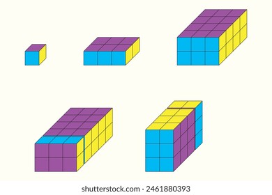 Colored unit cubes. Rectangular prism. Lego and cube objects. Mathematics, Geometry, Physics, exam, question.