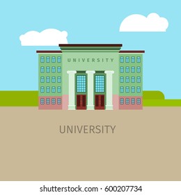 Colored univercity building with sky and clouds, vector illustration