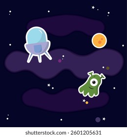 Colored universe background with ufo and alien character Vector