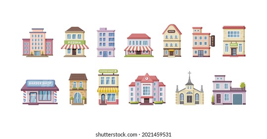 Colored Urban Government, Private And Municipal Building Set. Different Public Place City Architecture Facades With Windows And Doors. Apartment House, Hotel, Library, Store, Cafe Cartoon Vector