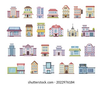 Colored urban government, private and municipal building set. Different public place city architecture facades with windows and doors. Apartment house, hotel, library, store, cafe cartoon vector