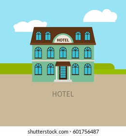Colored urban hotel building with sky nad clouds. Vector illustration
