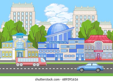 Colored urban landscape with hotel, business center, museum and apartment houses. City silhouette near the road with car and bus. Municipal life banner.