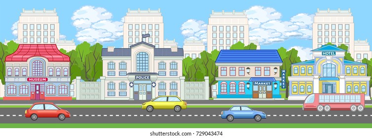 Colored urban landscape with hotel, police, museum, market and apartment houses. City silhouette near the road with cars and buses. Municipal life banner.