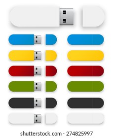 Colored usb drives set on white background, vector 