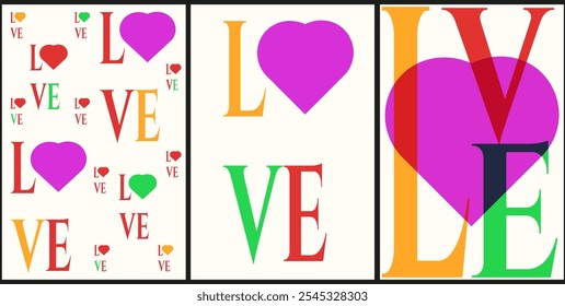 Colored Valentine's Day greeting postcard covers set. Simple flat style Valentine Day posters collection. Vector illustration in trendy minimal style for social media card cover. EPS 10