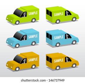 Colored vans, cartoon 3d illustration with place for your text