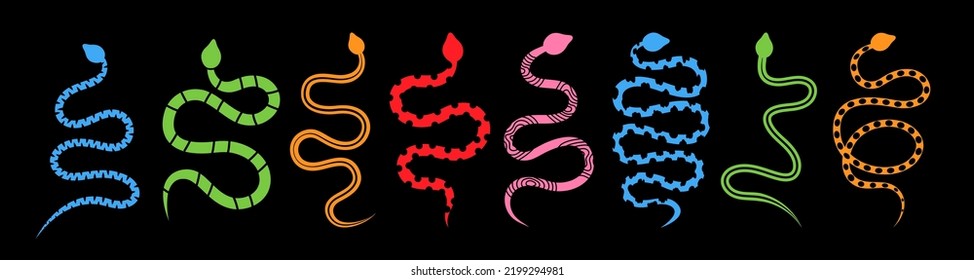 Colored various snakes set. Tropical toxic reptiles illustration. Dangerous exotic snakes. Wild poisonous rattlesnakes isolated on black background.