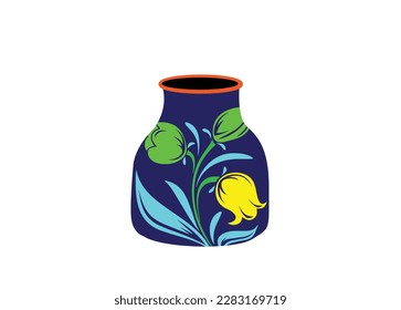 colored vases with blooming flowers for decoration and  poppy  Vector illustration. Colored ceramics vase object, antique  cup with abstract pattern isolated on white background vector illustration.