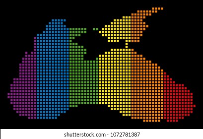 Colored vector abstract collage of Black Sea Map composed of rounded square items. Vector homosexual tolerance geographic map in LGBT flag color tints on a black background.