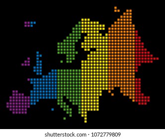 Colored vector abstract collage of Europe Map created of rounded square items. Vector homosexual tolerance geographic map in LGBT flag color tinges on a black background.