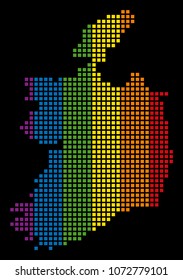 Colored vector abstract collage of Ireland Republic Map composed of rounded square dots. Vector homosexual tolerance geographic map in LGBT flag color variations on a black background.