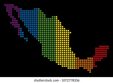 Colored vector abstract collage of Mexico Map composed of rounded square elements. Vector homosexual tolerance geographic map in LGBT flag color tones on a black background.