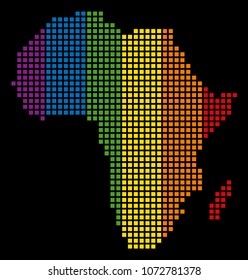 Colored vector abstract concept of Africa Map combined of rounded square elements. Vector homosexual tolerance geographic map in LGBT flag color tinges on a black background.