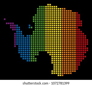 Colored vector abstract concept of Antarctica Map constructed of rounded square items. Vector homosexual tolerance geographic map in LGBT flag color variations on a black background.