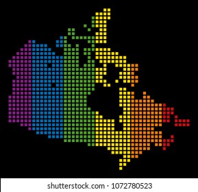 Colored vector abstract pattern of Canada Map made of rounded square dots. Vector homosexual tolerance geographic map in LGBT flag color tints on a black background.